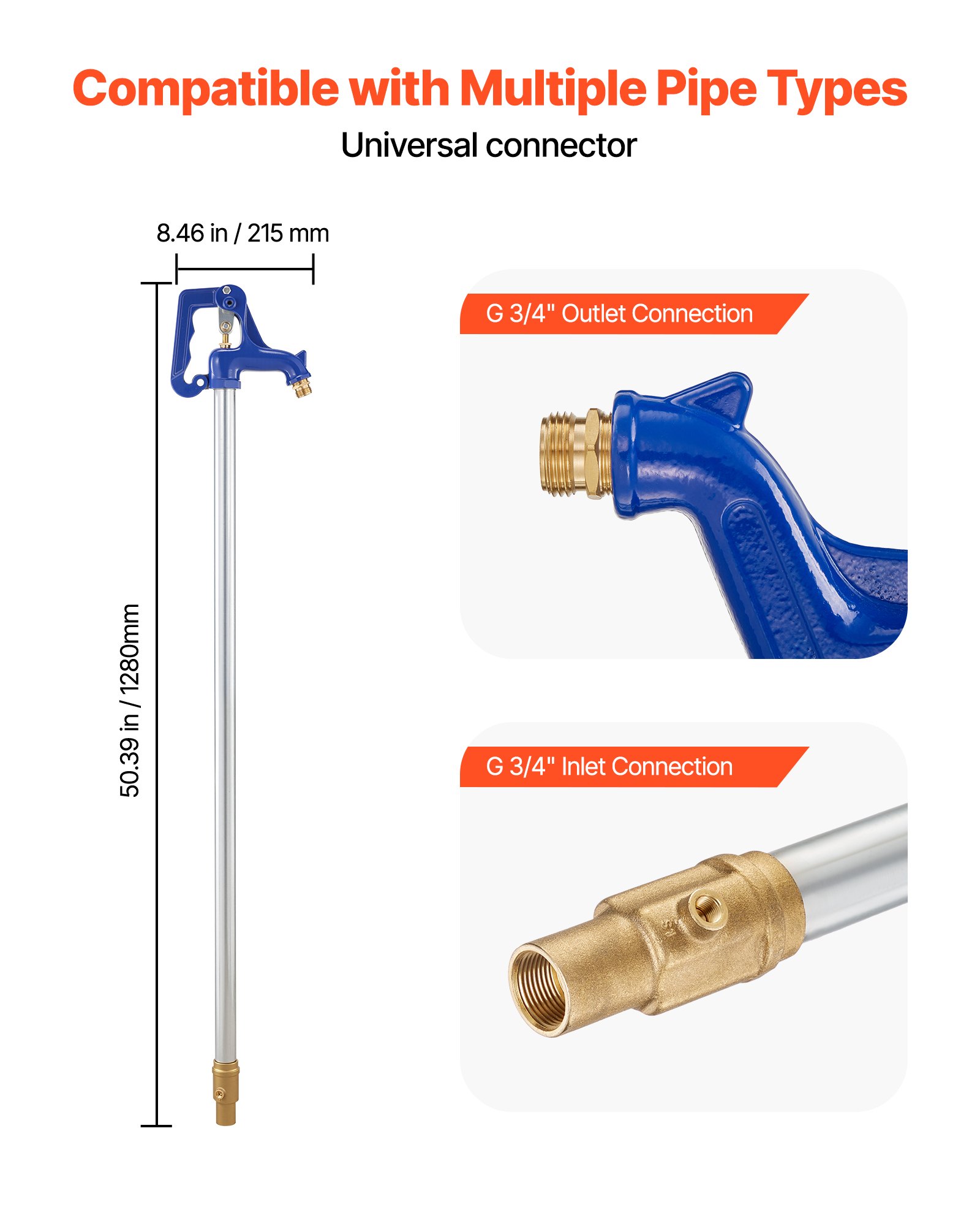 VEVOR Idrante Antigelo da Giardino Rubinetto da Cortile Lunghezza 1280 mm Profondità di Interramento 61 cm Raccordo per Tubo da G 3/4 pollici Idrante Antigelo da Giardino Fattorie Cortile