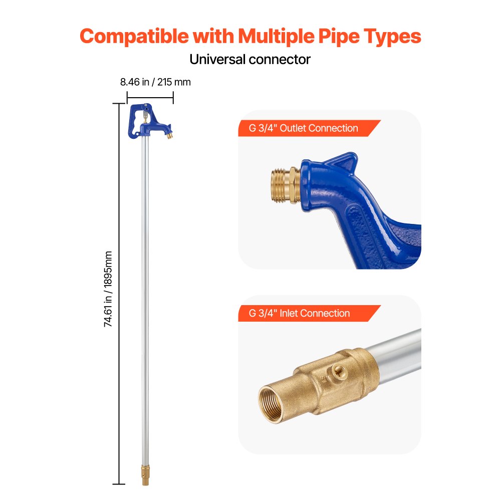 VEVOR Idrante Antigelo da Giardino per Irrigazione Rubinetto da Cortile Lunghezza 1895 mm Profondità di Interramento 1219,2 mm, Idrante Antigelo con Attacco Tubo G 3/4 pollici