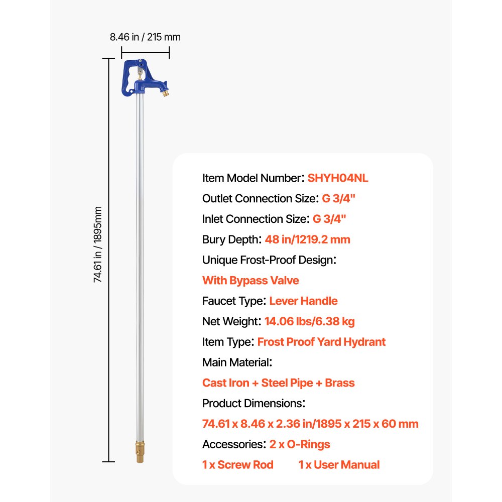 VEVOR Idrante Antigelo da Giardino per Irrigazione Rubinetto da Cortile Lunghezza 1895 mm Profondità di Interramento 1219,2 mm, Idrante Antigelo con Attacco Tubo G 3/4 pollici