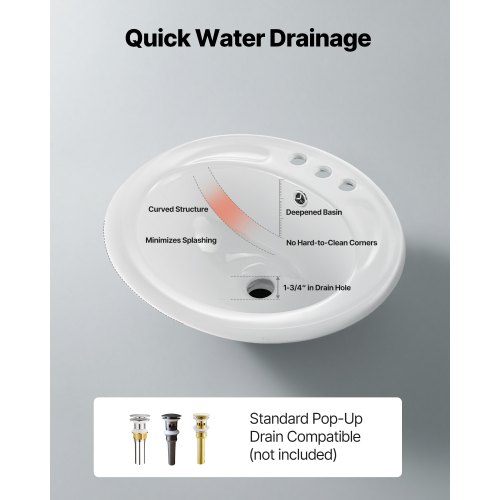 VEVOR Lavandino Sottopiano 485x425 Mm – Ceramica Anti-ingiallimento Con Troppopieno, Foro Rubinetto 28 Mm