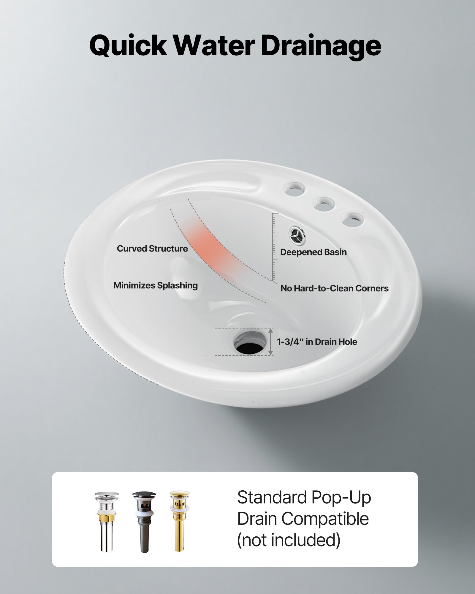 VEVOR Lavandino Sottopiano Lavabo per Bagno 485 x 425 mm, Lavello Rettangolare in Ceramica con Foro di Troppopieno, Lavabo da Bagno Sottotop, Foro per Rubinetto 28 mm Apertura Troppopieno 22mm