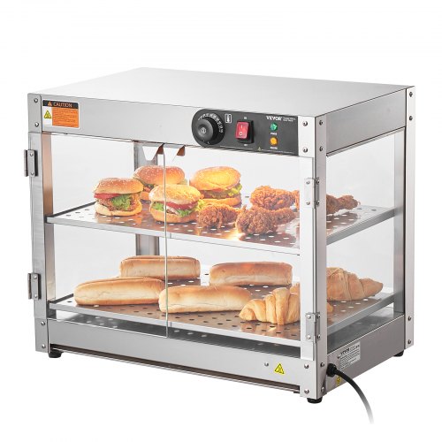 VEVOR Scaldavivande Commerciale a 2 Livelli 800 W con Luce per Migliorare l'Esposizione degli Alimenti, Controllo Temperatura 30 ℃ ~ 85 ℃, Capacità 58 Litri per Hamburger, Pizza, Pane, Pollo Fritto