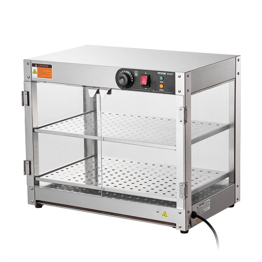 VEVOR Scaldavivande Commerciale a 2 Livelli 800 W con Luce per Migliorare l'Esposizione degli Alimenti, Controllo Temperatura 30 ℃ ~ 85 ℃, Capacità 58 Litri per Hamburger, Pizza, Pane, Pollo Fritto