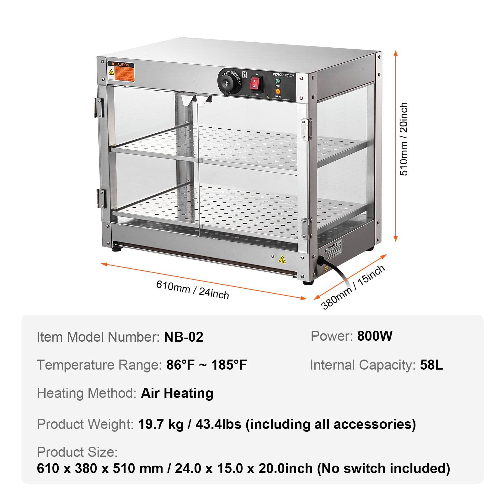 VEVOR 2-tier commercial food warmer, 800 W food warmer with light to enhance food presentation, 30 °C to 85 °C temperature control, 58 l capacity for hamburgers, pizza, bread, roast chicken