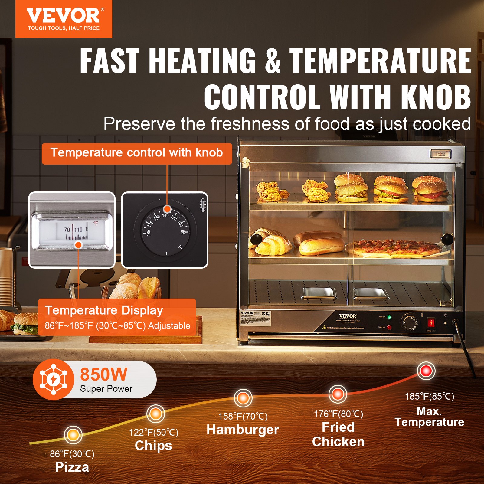 VEVOR Espositore Scaldavivande Commerciale 2 Ripiani 850 W con Vetro Temperato e Riscaldamento a Vapore, Controllo Temperatura da 30℃ a 85℃, Capacità 111 L per Hamburger, Pizza, Pane, Pollo fritto
