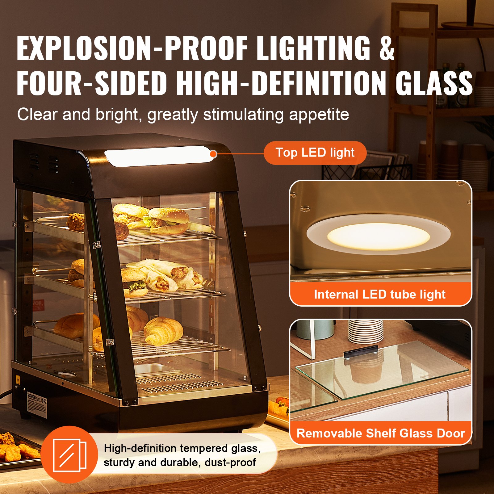 VEVOR Espositore Scaldavivande Commerciale 3 Ripiani 1000 W con Luce, Ripiano Regolabile, Display della Temperatura, Riscaldamento a Vapore da 30 ℃ a 85 ℃, 57 L per Hamburger Pizza Pane Pollo Fritto