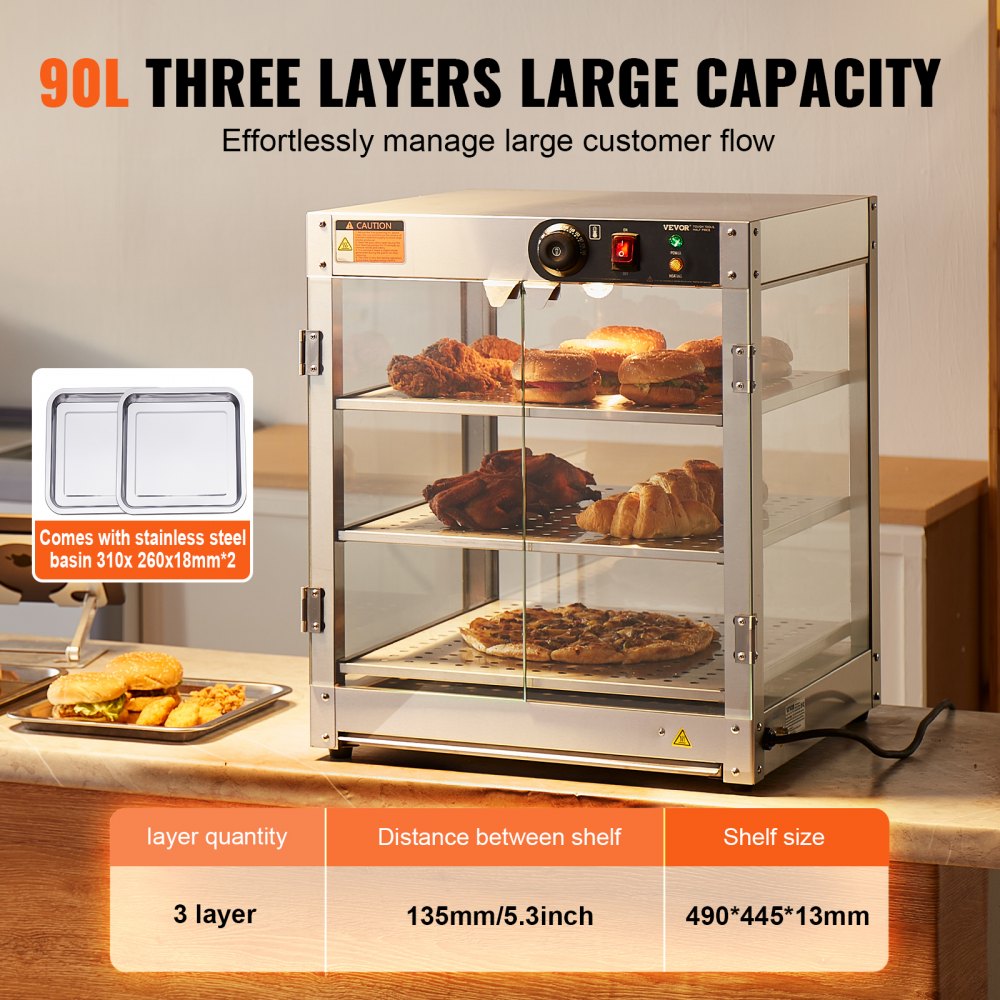 VEVOR Scaldavivande Commerciale a 3 Livelli, Scaldavivande da 800 W con Luce per Migliorare l'esposizione degli Alimenti, Controllo della Temperatura da 30 ℃ ~ 85 ℃, Grande capacità di 90 Litri per Hamburger, Pizza, Pane, Pollo Fritto