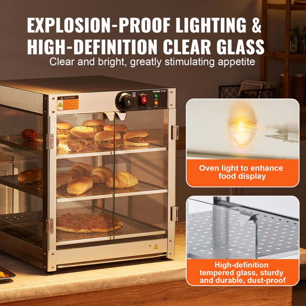 VEVOR Scaldavivande Commerciale a 3 Livelli, Scaldavivande da 800 W con Luce per Migliorare l'esposizione degli Alimenti, Controllo della Temperatura da 30 ℃ ~ 85 ℃, Grande capacità di 90 Litri per Hamburger, Pizza, Pane, Pollo Fritto