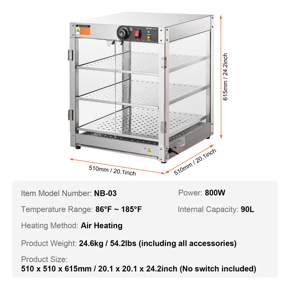 VEVOR Scaldavivande Commerciale a 3 Livelli, Scaldavivande da 800 W con Luce per Migliorare l'esposizione degli Alimenti, Controllo della Temperatura da 30 ℃ ~ 85 ℃, Grande capacità di 90 Litri per Hamburger, Pizza, Pane, Pollo Fritto