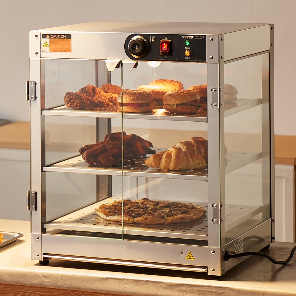 VEVOR Scaldavivande Commerciale a 3 Livelli, Scaldavivande da 800 W con Luce per Migliorare l'esposizione degli Alimenti, Controllo della Temperatura da 30 ℃ ~ 85 ℃, Grande capacità di 90 Litri per Hamburger, Pizza, Pane, Pollo Fritto
