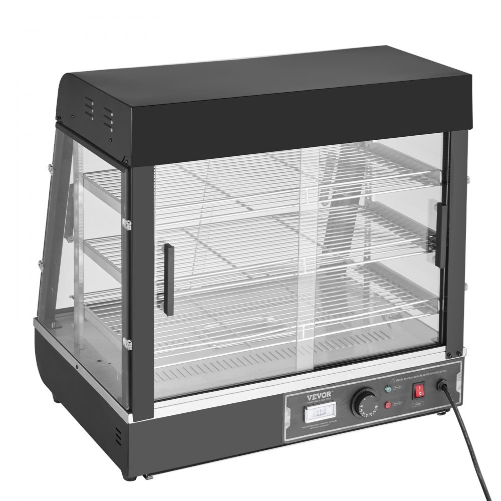 VEVOR Espositore Scaldavivande Commerciale 3 Ripiani 1200 W con Luce, Ripiano Regolabile, Display della Temperatura, Riscaldamento a Vapore da 30 ℃ a 85 ℃, 111 L per Hamburger Pizza Pane Pollo Fritto