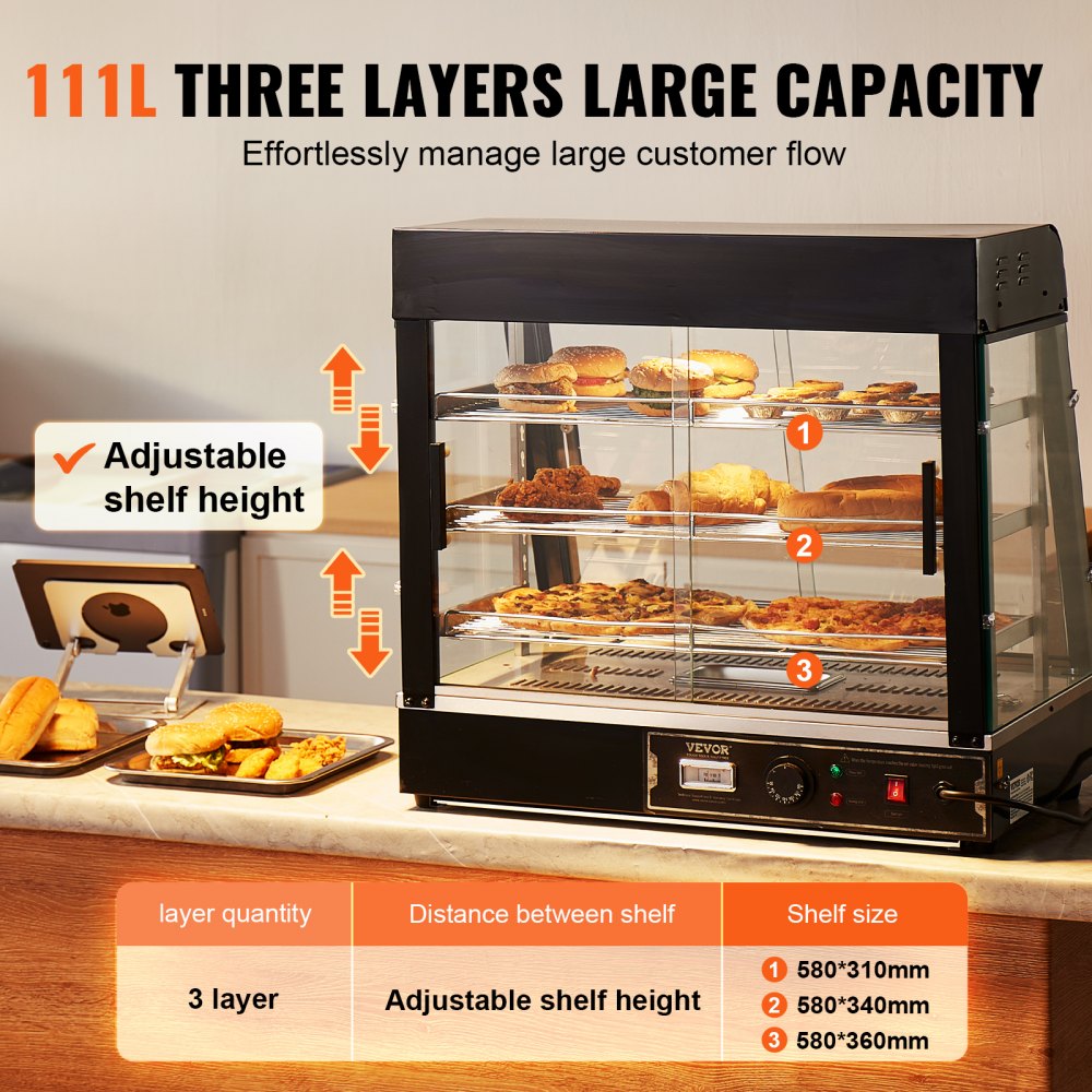 VEVOR 3-Tier Commercial Food Warmer, 1200W Food Warmer with Light, Adjustable Shelf and Temperature Display, 30℃ - 85℃ Steam Heating, 111L Capacity for Hamburgers, Pizza, Bread, Roast Chicken