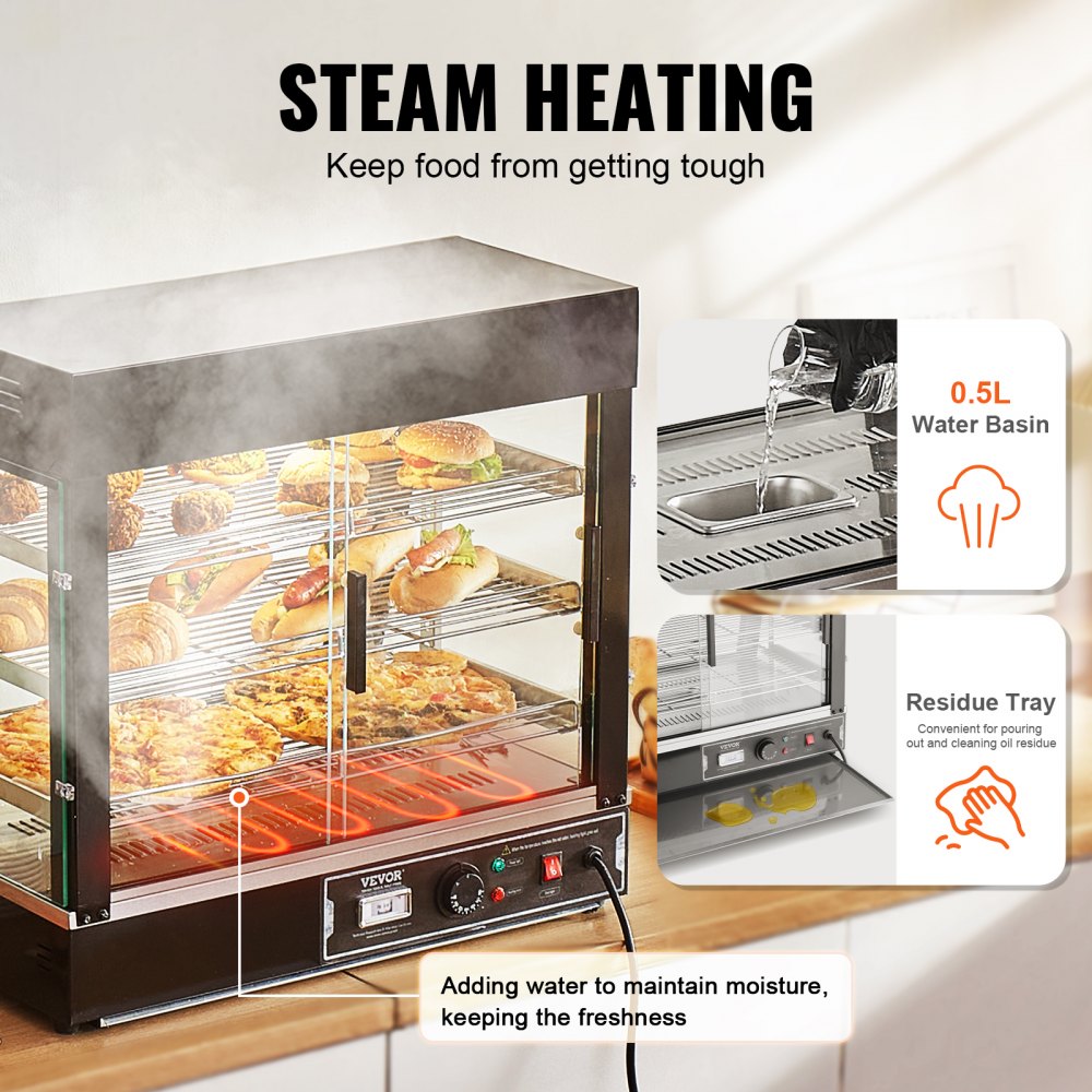 VEVOR 3-Tier Commercial Food Warmer, 1200W Food Warmer with Light, Adjustable Shelf and Temperature Display, 30℃ - 85℃ Steam Heating, 111L Capacity for Hamburgers, Pizza, Bread, Roast Chicken