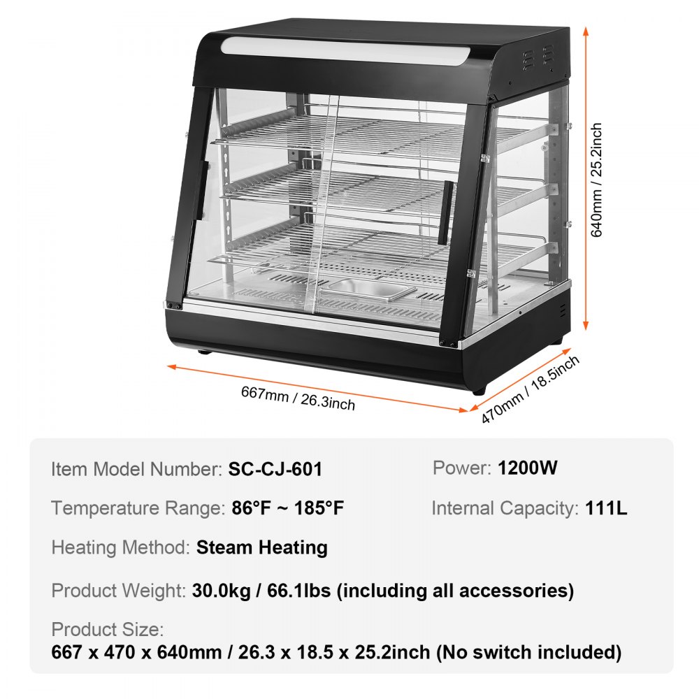 VEVOR 3-Tier Commercial Food Warmer, 1200W Food Warmer with Light, Adjustable Shelf and Temperature Display, 30℃ - 85℃ Steam Heating, 111L Capacity for Hamburgers, Pizza, Bread, Roast Chicken