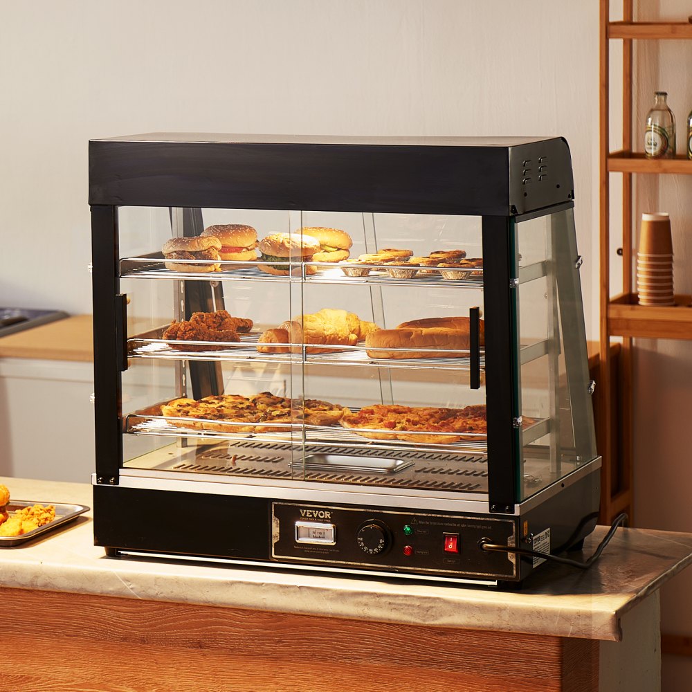 VEVOR 3-Tier Commercial Food Warmer, 1200W Food Warmer with Light, Adjustable Shelf and Temperature Display, 30℃ - 85℃ Steam Heating, 111L Capacity for Hamburgers, Pizza, Bread, Roast Chicken
