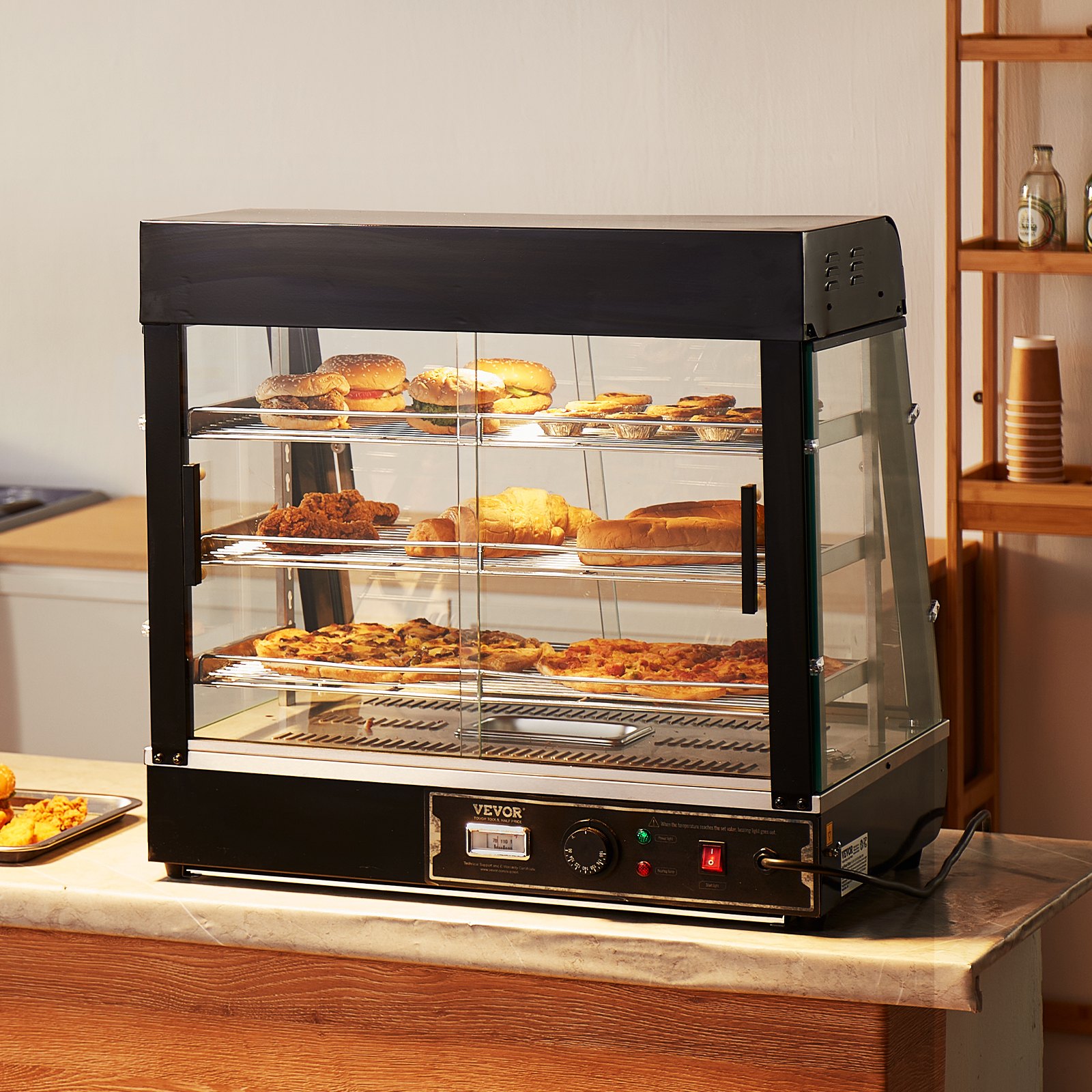 VEVOR 3-Tier Commercial Food Warmer, 1200W Food Warmer with Light, Adjustable Shelf and Temperature Display, 30℃ - 85℃ Steam Heating, 111L Capacity for Hamburgers, Pizza, Bread, Roast Chicken