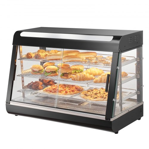 VEVOR Espositore Scaldavivande Commerciale 3 Ripiani 1500 W con Luce, Ripiano Regolabile, Display della Temperatura, Riscaldamento a Vapore da 30 ℃ a 85 ℃, 130 L per Hamburger Pizza Pane Pollo Fritto