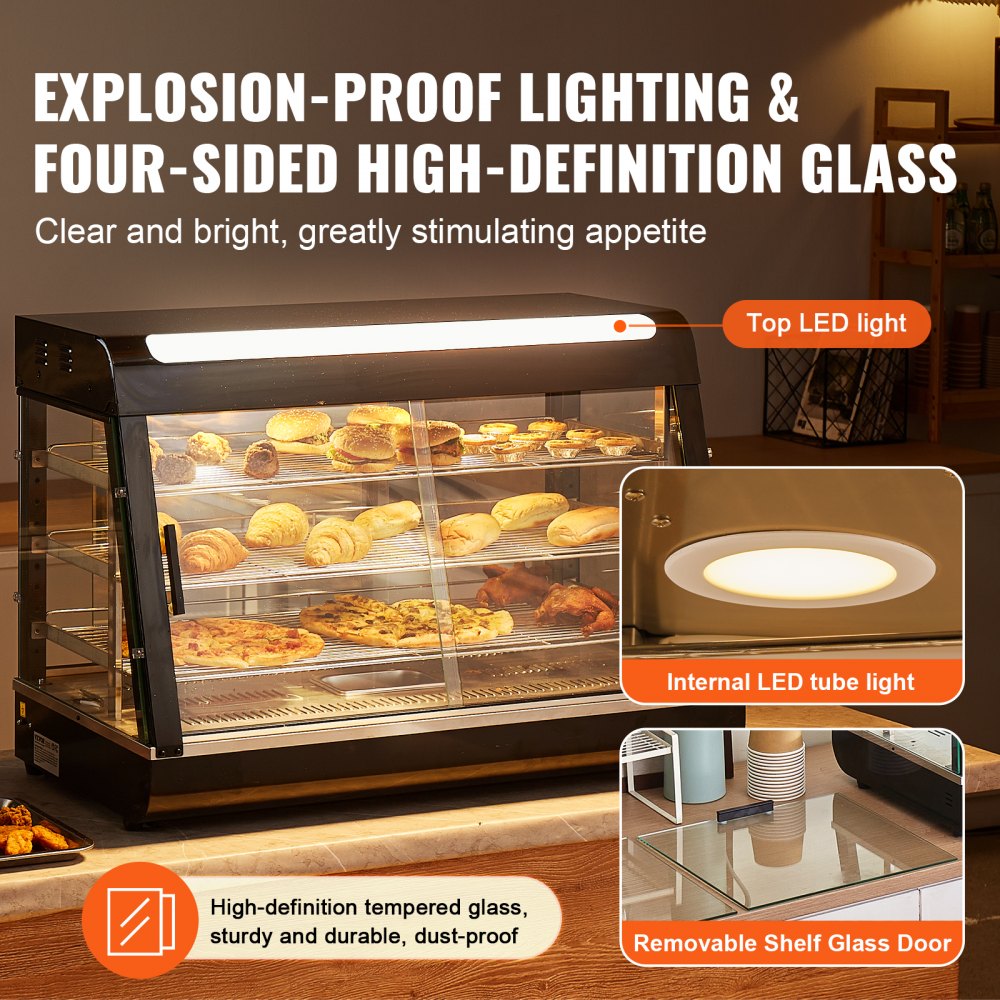 VEVOR Espositore Scaldavivande Commerciale 3 Ripiani 1500 W con Luce, Ripiano Regolabile, Display della Temperatura, Riscaldamento a Vapore da 30 ℃ a 85 ℃, 130 L per Hamburger Pizza Pane Pollo Fritto