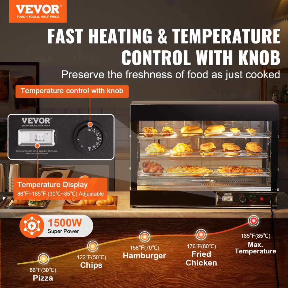 VEVOR Espositore Scaldavivande Commerciale 3 Ripiani 1500 W con Luce, Ripiano Regolabile, Display della Temperatura, Riscaldamento a Vapore da 30 ℃ a 85 ℃, 130 L per Hamburger Pizza Pane Pollo Fritto