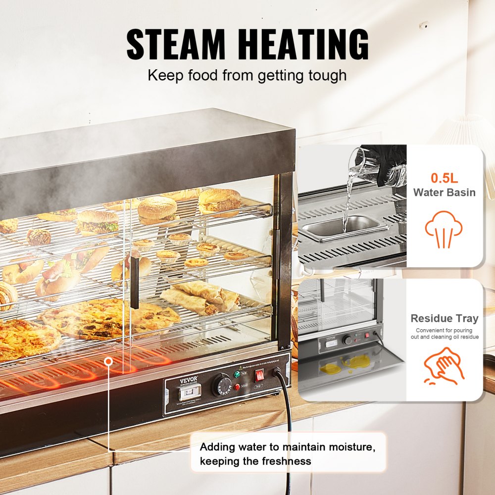 VEVOR Espositore Scaldavivande Commerciale 3 Ripiani 1500 W con Luce, Ripiano Regolabile, Display della Temperatura, Riscaldamento a Vapore da 30 ℃ a 85 ℃, 130 L per Hamburger Pizza Pane Pollo Fritto