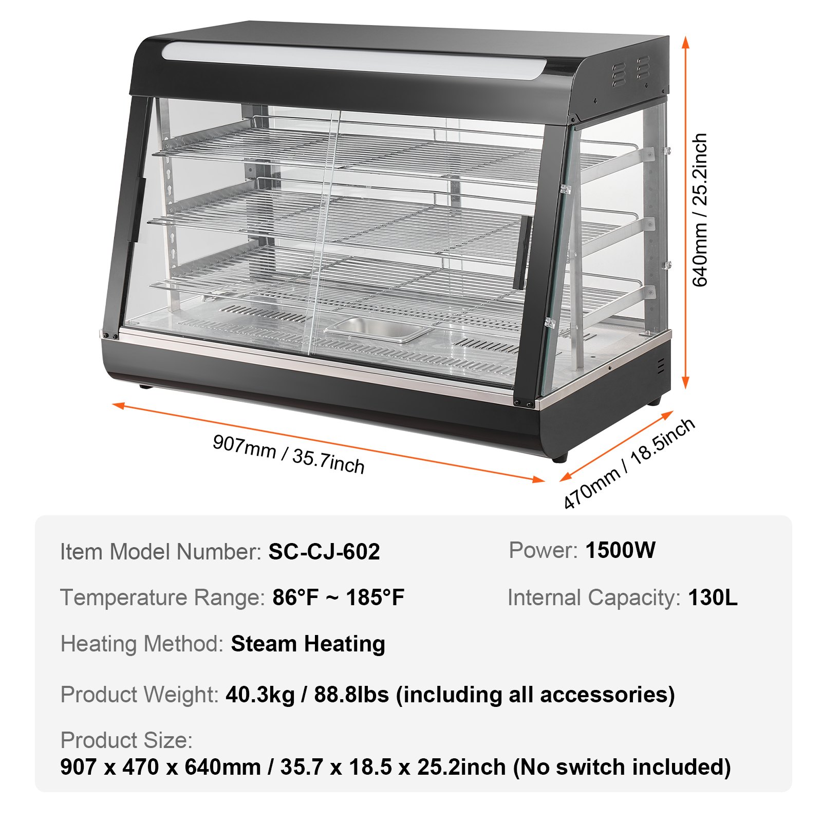 VEVOR Espositore Scaldavivande Commerciale 3 Ripiani 1500 W con Luce, Ripiano Regolabile, Display della Temperatura, Riscaldamento a Vapore da 30 ℃ a 85 ℃, 130 L per Hamburger Pizza Pane Pollo Fritto