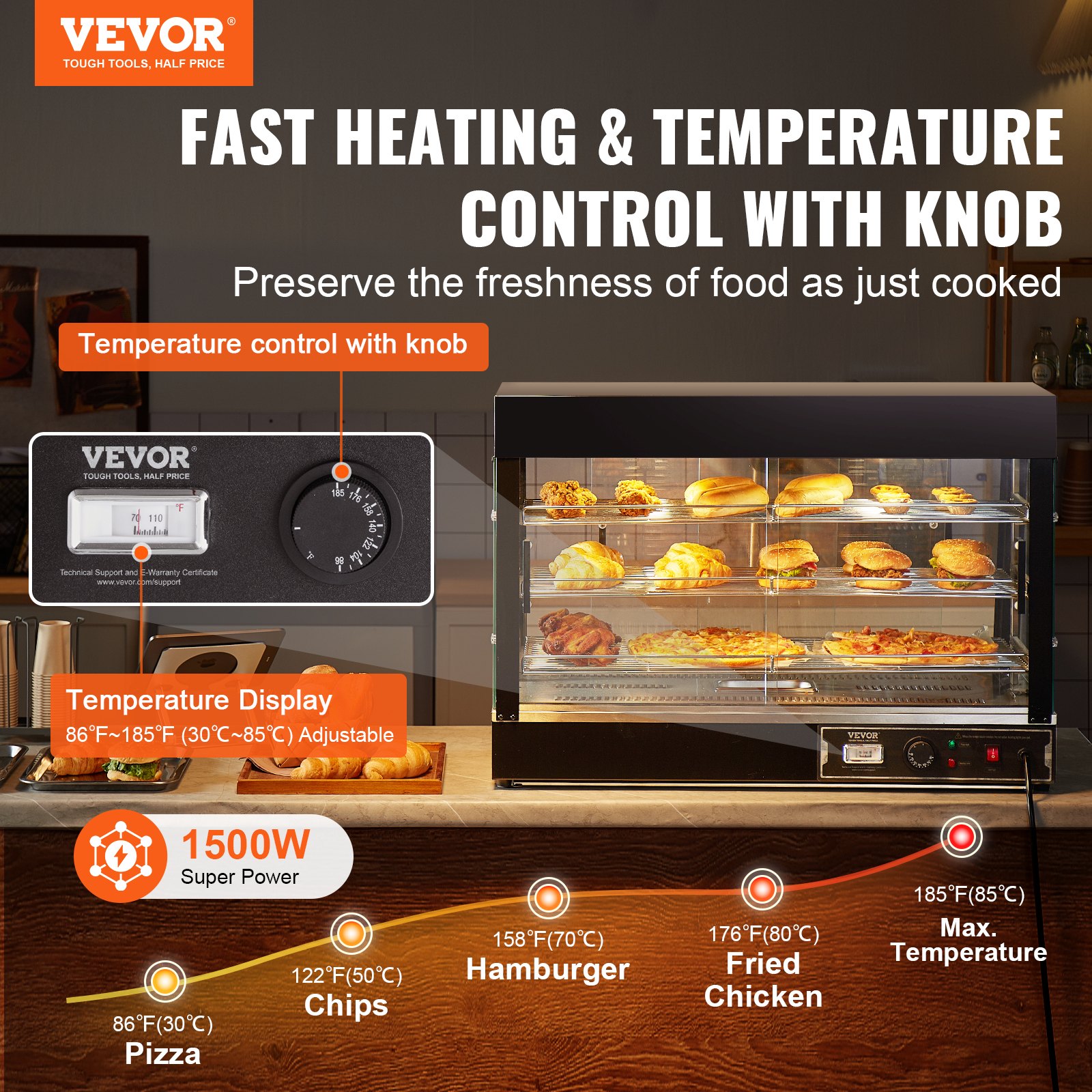 VEVOR Espositore Scaldavivande Commerciale 3 Ripiani 1500 W con Luce, Ripiano Regolabile, Display della Temperatura, Riscaldamento a Vapore da 30 ℃ a 85 ℃, 130 L per Hamburger Pizza Pane Pollo Fritto