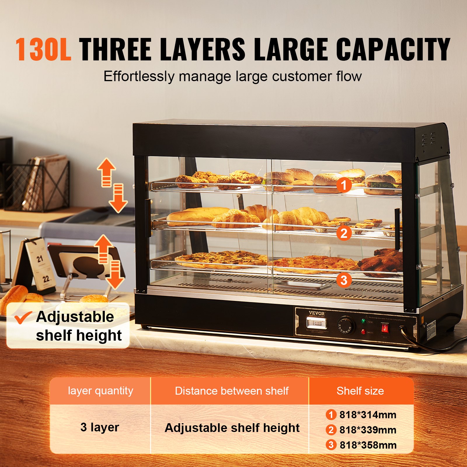 VEVOR Espositore Scaldavivande Commerciale 3 Ripiani 1500 W con Luce, Ripiano Regolabile, Display della Temperatura, Riscaldamento a Vapore da 30 ℃ a 85 ℃, 130 L per Hamburger Pizza Pane Pollo Fritto