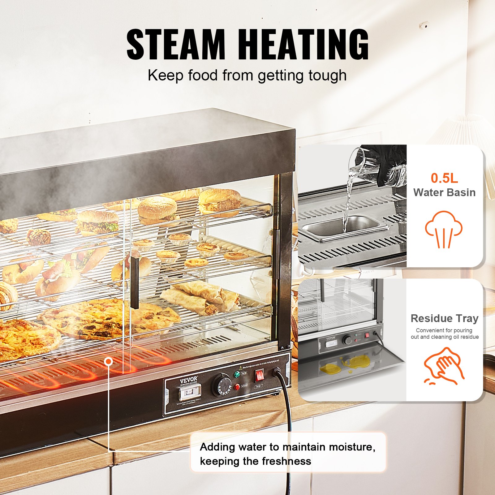 VEVOR Espositore Scaldavivande Commerciale 3 Ripiani 1500 W con Luce, Ripiano Regolabile, Display della Temperatura, Riscaldamento a Vapore da 30 ℃ a 85 ℃, 130 L per Hamburger Pizza Pane Pollo Fritto