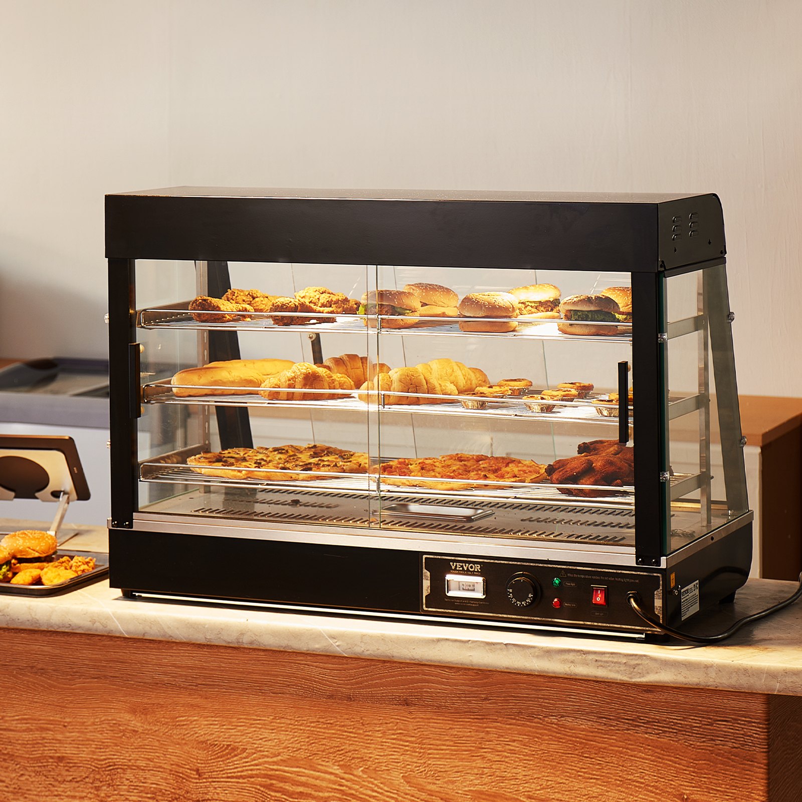 VEVOR Espositore Scaldavivande Commerciale 3 Ripiani 1500 W con Luce, Ripiano Regolabile, Display della Temperatura, Riscaldamento a Vapore da 30 ℃ a 85 ℃, 130 L per Hamburger Pizza Pane Pollo Fritto