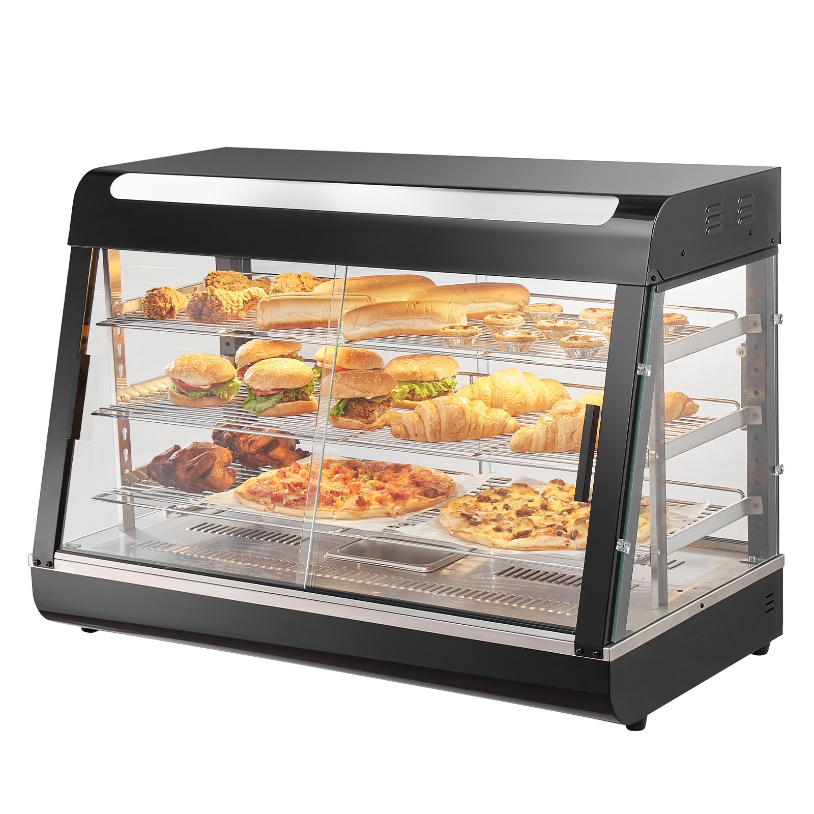 VEVOR Espositore Scaldavivande Commerciale 3 Ripiani 1500 W con Luce, Ripiano Regolabile, Display della Temperatura, Riscaldamento a Vapore da 30 ℃ a 85 ℃, 130 L per Hamburger Pizza Pane Pollo Fritto