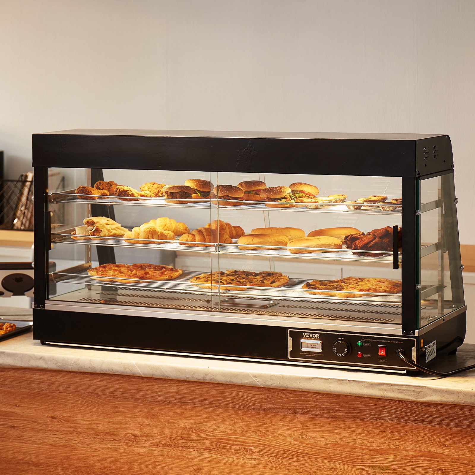 VEVOR 3-Tier Commercial Food Warmer, 1500W Food Warmer with Light, Adjustable Shelf and Temperature Display, 30℃ - 85℃ Steam Heating, 180L Capacity for Hamburgers, Pizza, Bread, Roast Chicken