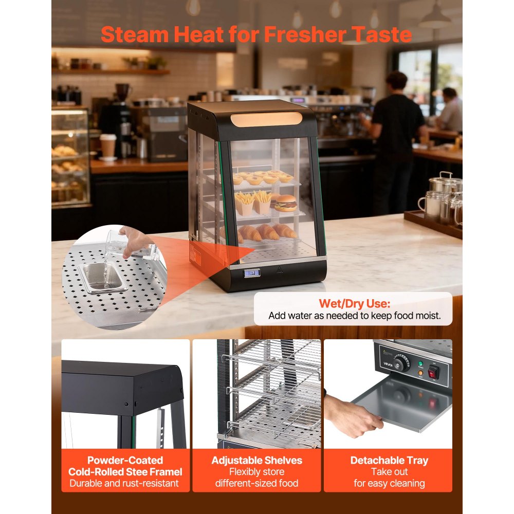 VEVOR Espositore Scaldavivande Commerciale a 3 Livelli, Scaldavivande da 800 W con Luce LED, Vano Portaoggetti Superiore e Ripiani Regolabili, Riscaldamento a Vapore per Pizza, Pane, Pollo Fritto