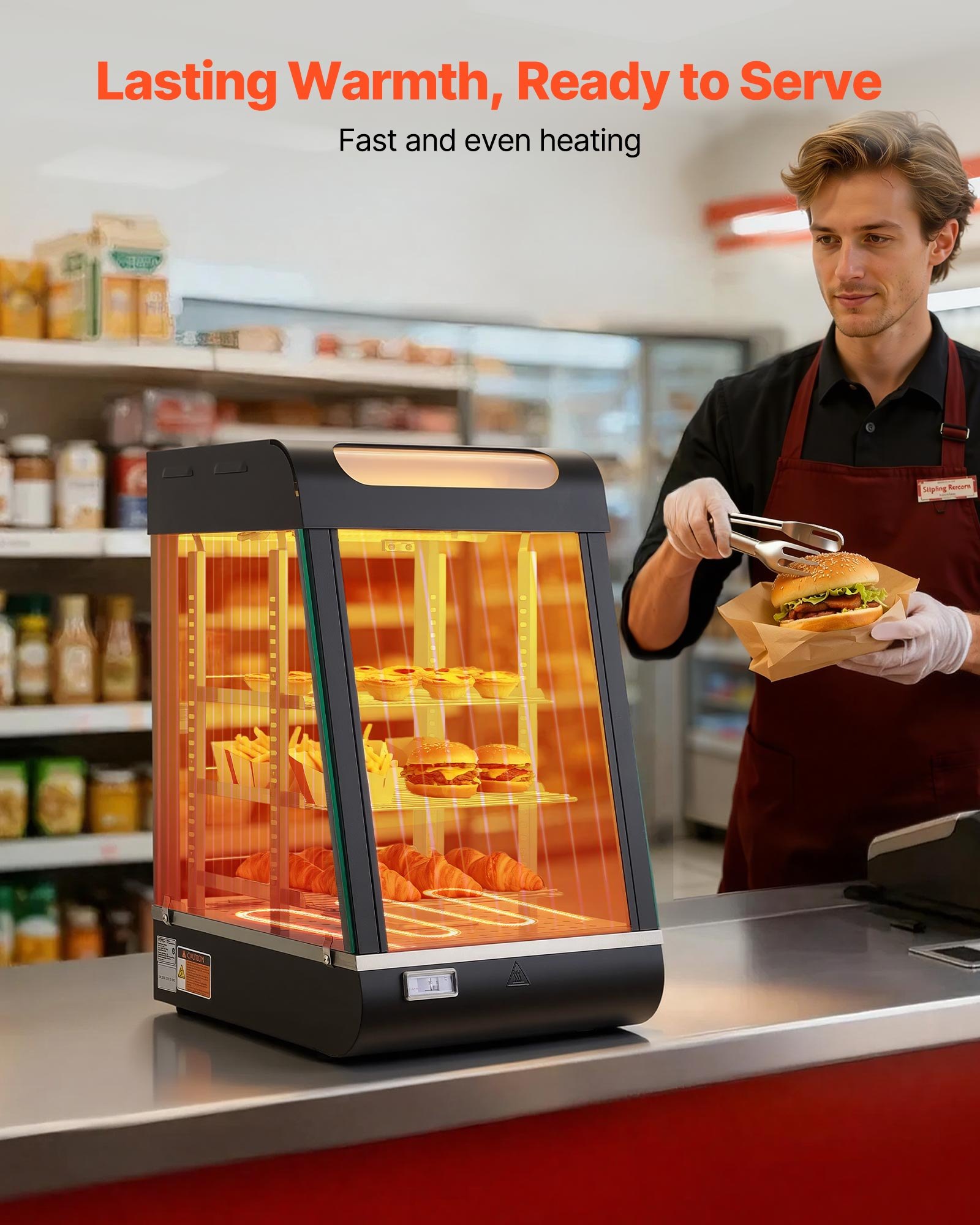 VEVOR Espositore Scaldavivande Commerciale a 3 Livelli, Scaldavivande da 800 W con Luce LED, Vano Portaoggetti Superiore e Ripiani Regolabili, Riscaldamento a Vapore per Pizza, Pane, Pollo Fritto