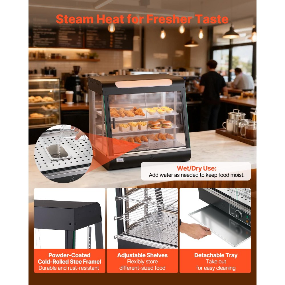 VEVOR Vetrina Calda per Alimenti Cibo a 3 Livelli, Espositore Scaldavivande da 1200 W con Luce LED, Vano Portaoggetti Superiore e Ripiani Regolabili, per Hamburger, Pizza, Pane, Pollo Fritto