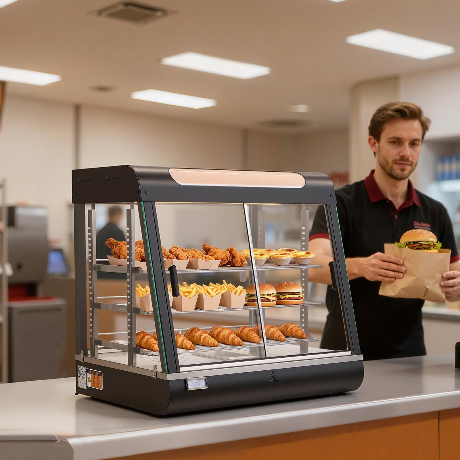 VEVOR Vetrina Calda per Alimenti Cibo a 3 Livelli, Espositore Scaldavivande da 1200 W con Luce LED, Vano Portaoggetti Superiore e Ripiani Regolabili, per Hamburger, Pizza, Pane, Pollo Fritto