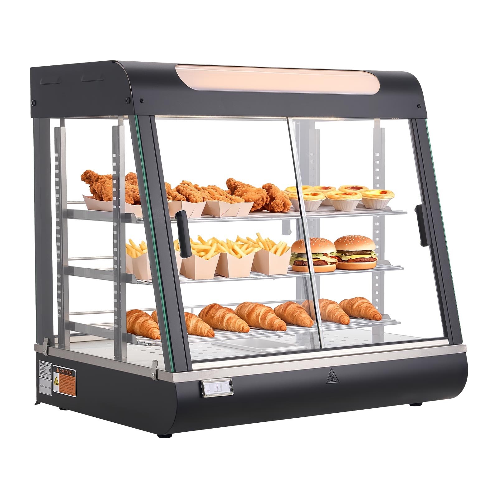 VEVOR Vetrina Calda per Alimenti Cibo a 3 Livelli, Espositore Scaldavivande da 1200 W con Luce LED, Vano Portaoggetti Superiore e Ripiani Regolabili, per Hamburger, Pizza, Pane, Pollo Fritto