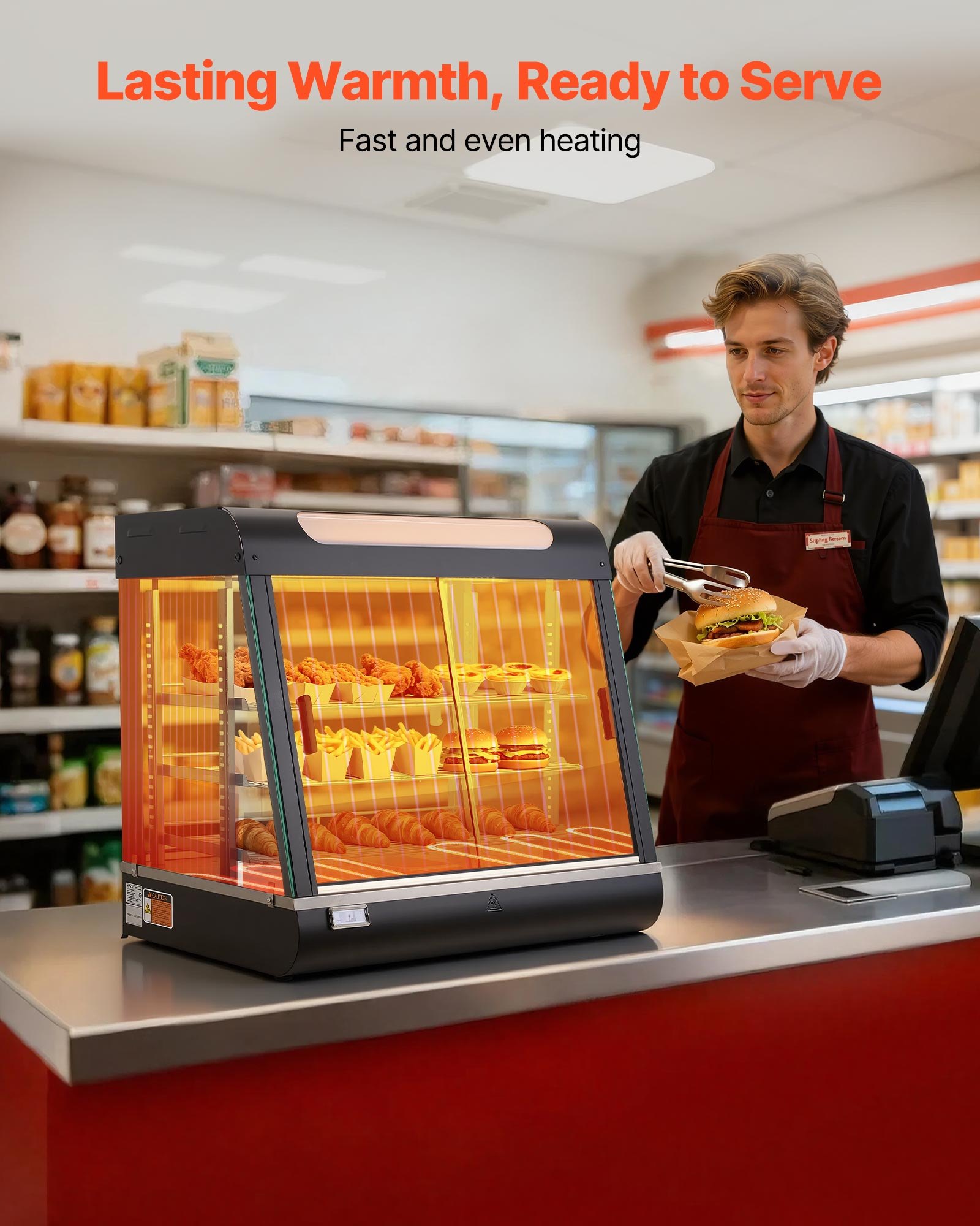 VEVOR Vetrina Calda per Alimenti Cibo a 3 Livelli, Espositore Scaldavivande da 1200 W con Luce LED, Vano Portaoggetti Superiore e Ripiani Regolabili, per Hamburger, Pizza, Pane, Pollo Fritto