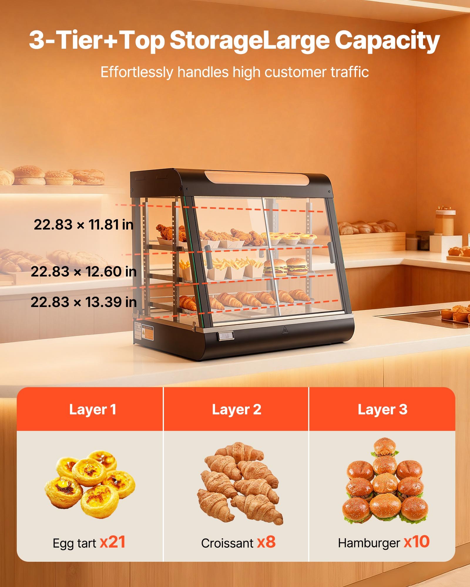 VEVOR Vetrina Calda per Alimenti Cibo a 3 Livelli, Espositore Scaldavivande da 1200 W con Luce LED, Vano Portaoggetti Superiore e Ripiani Regolabili, per Hamburger, Pizza, Pane, Pollo Fritto