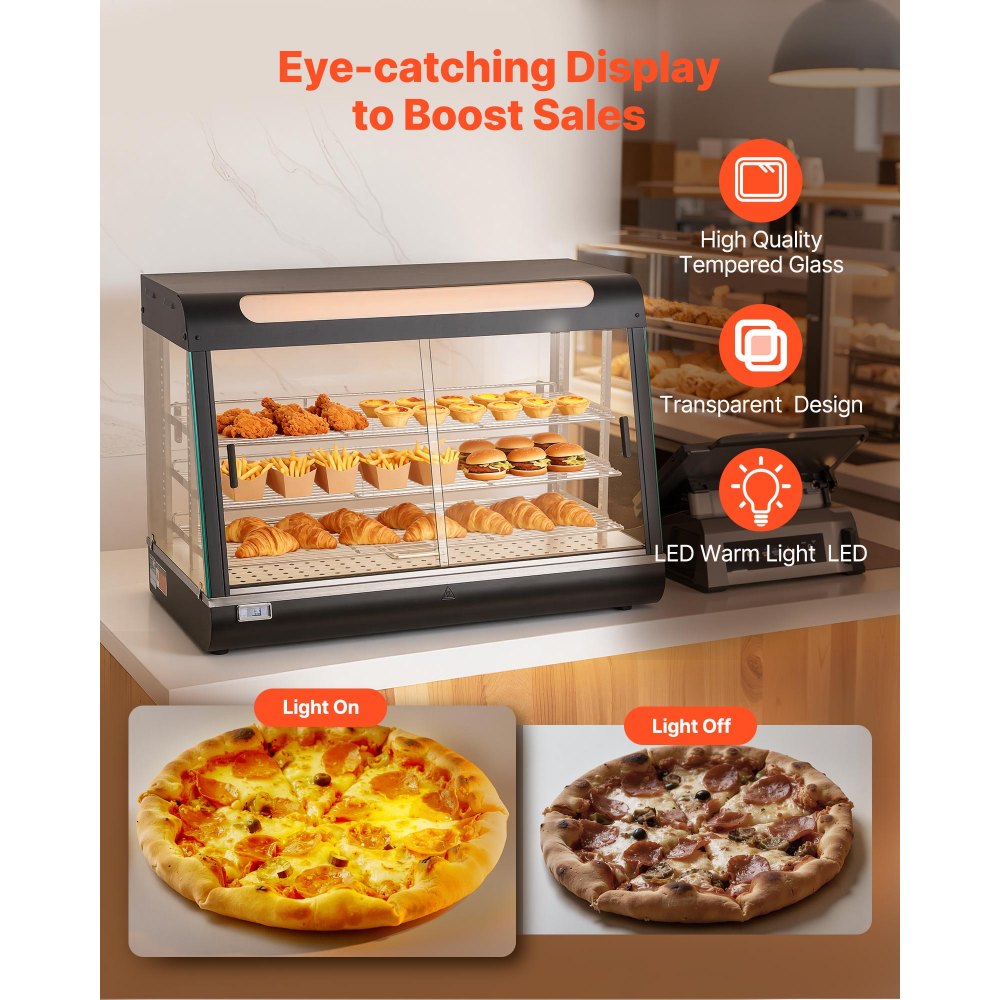 VEVOR Espositore Scaldavivande Commerciale a 3 Livelli, Espositore Scaldavivande da 1400 W con Luce LED, Vano Portaoggetti Superiore e Ripiani Regolabili, per Hamburger, Pizza, Pane, Pollo Fritto