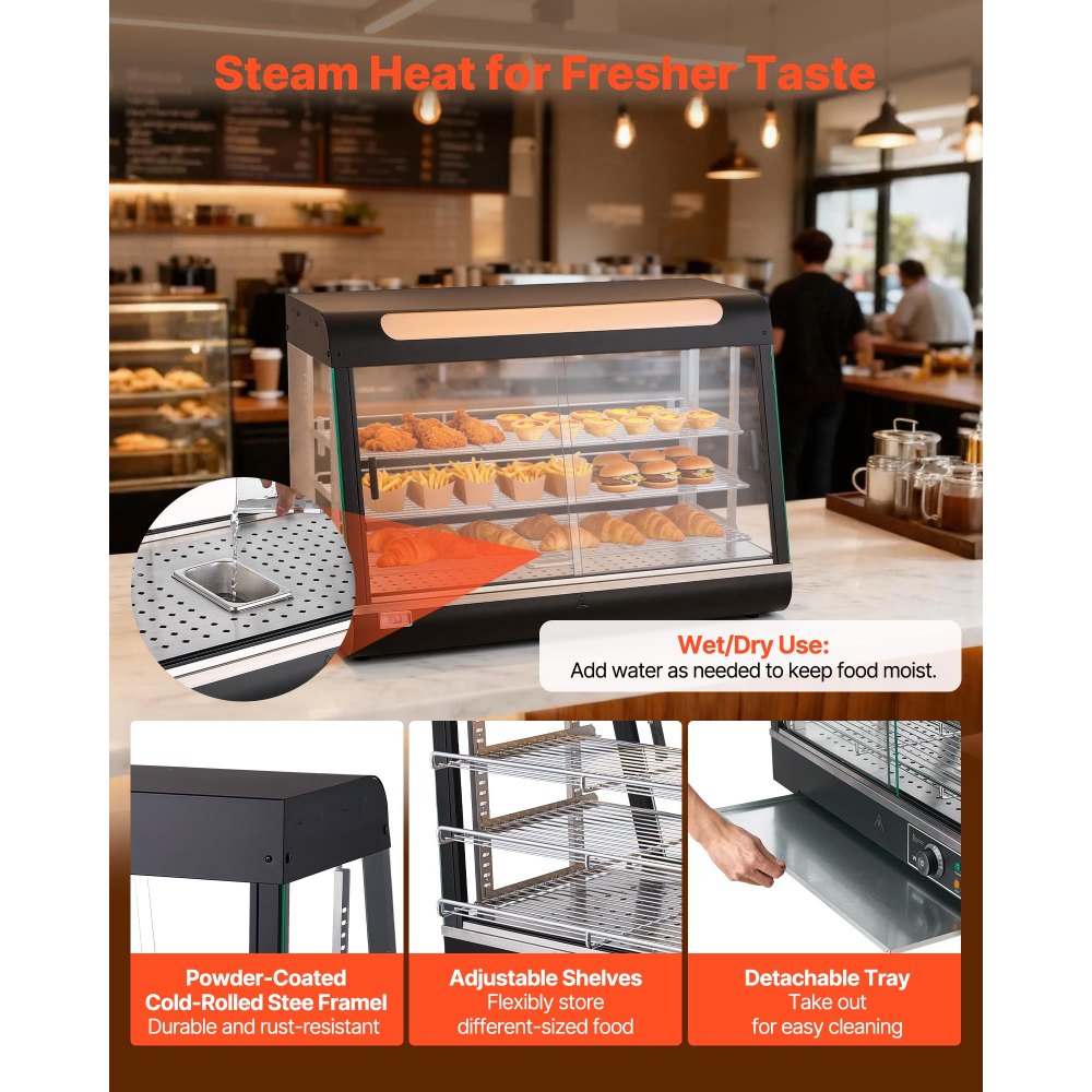 VEVOR Espositore Scaldavivande Commerciale a 3 Livelli, Espositore Scaldavivande da 1400 W con Luce LED, Vano Portaoggetti Superiore e Ripiani Regolabili, per Hamburger, Pizza, Pane, Pollo Fritto