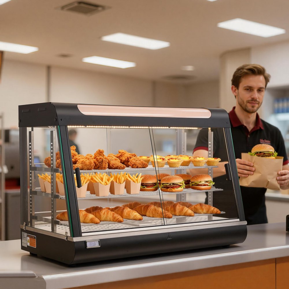 VEVOR Espositore Scaldavivande Commerciale a 3 Livelli, Espositore Scaldavivande da 1400 W con Luce LED, Vano Portaoggetti Superiore e Ripiani Regolabili, per Hamburger, Pizza, Pane, Pollo Fritto