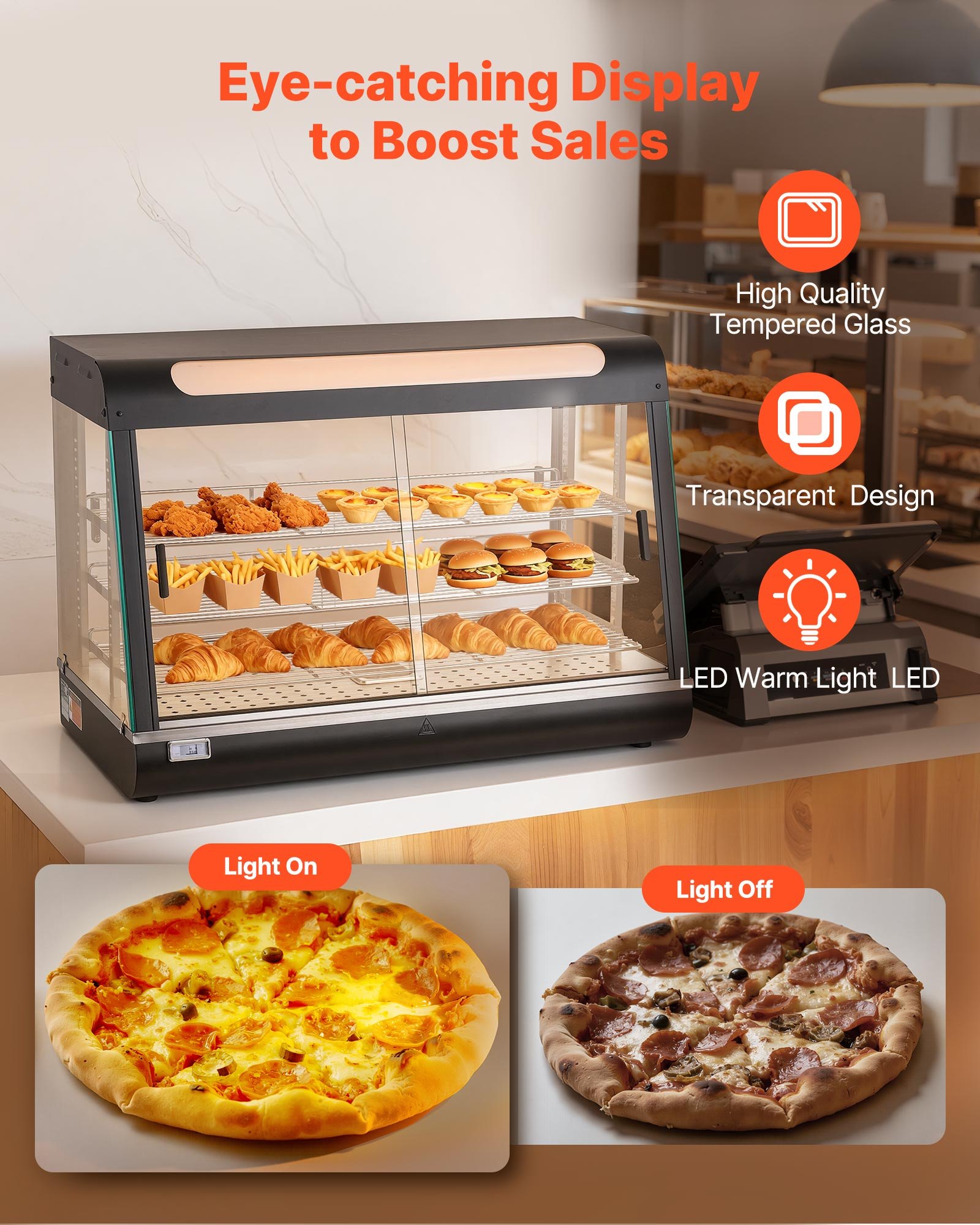 VEVOR Espositore Scaldavivande Commerciale a 3 Livelli, Espositore Scaldavivande da 1400 W con Luce LED, Vano Portaoggetti Superiore e Ripiani Regolabili, per Hamburger, Pizza, Pane, Pollo Fritto