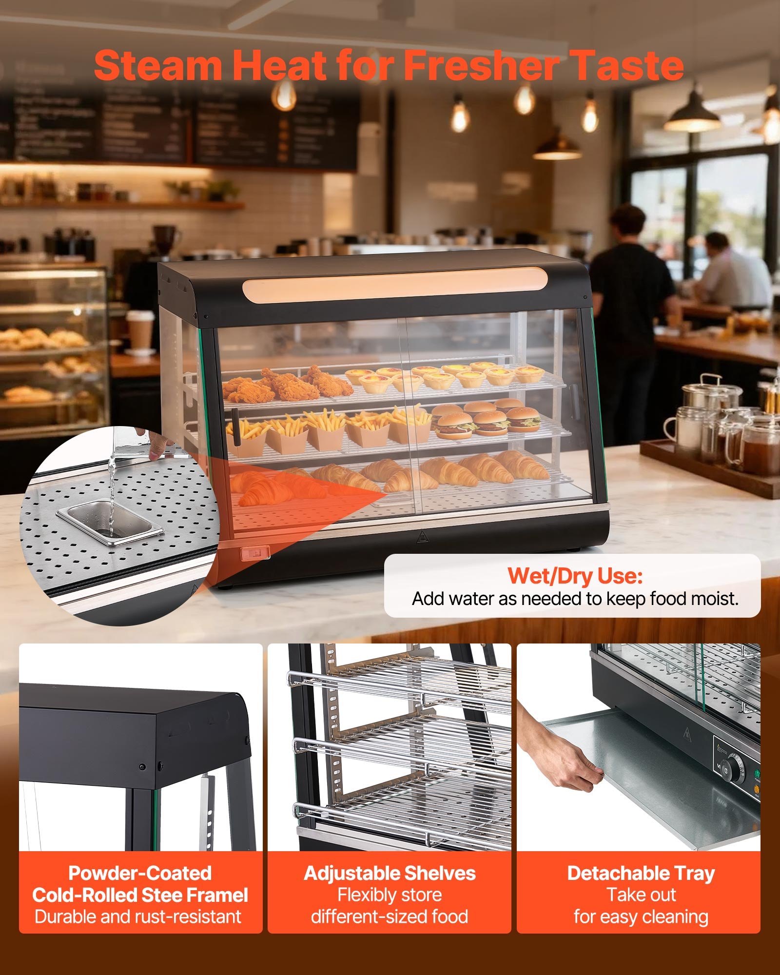 VEVOR Espositore Scaldavivande Commerciale a 3 Livelli, Espositore Scaldavivande da 1400 W con Luce LED, Vano Portaoggetti Superiore e Ripiani Regolabili, per Hamburger, Pizza, Pane, Pollo Fritto