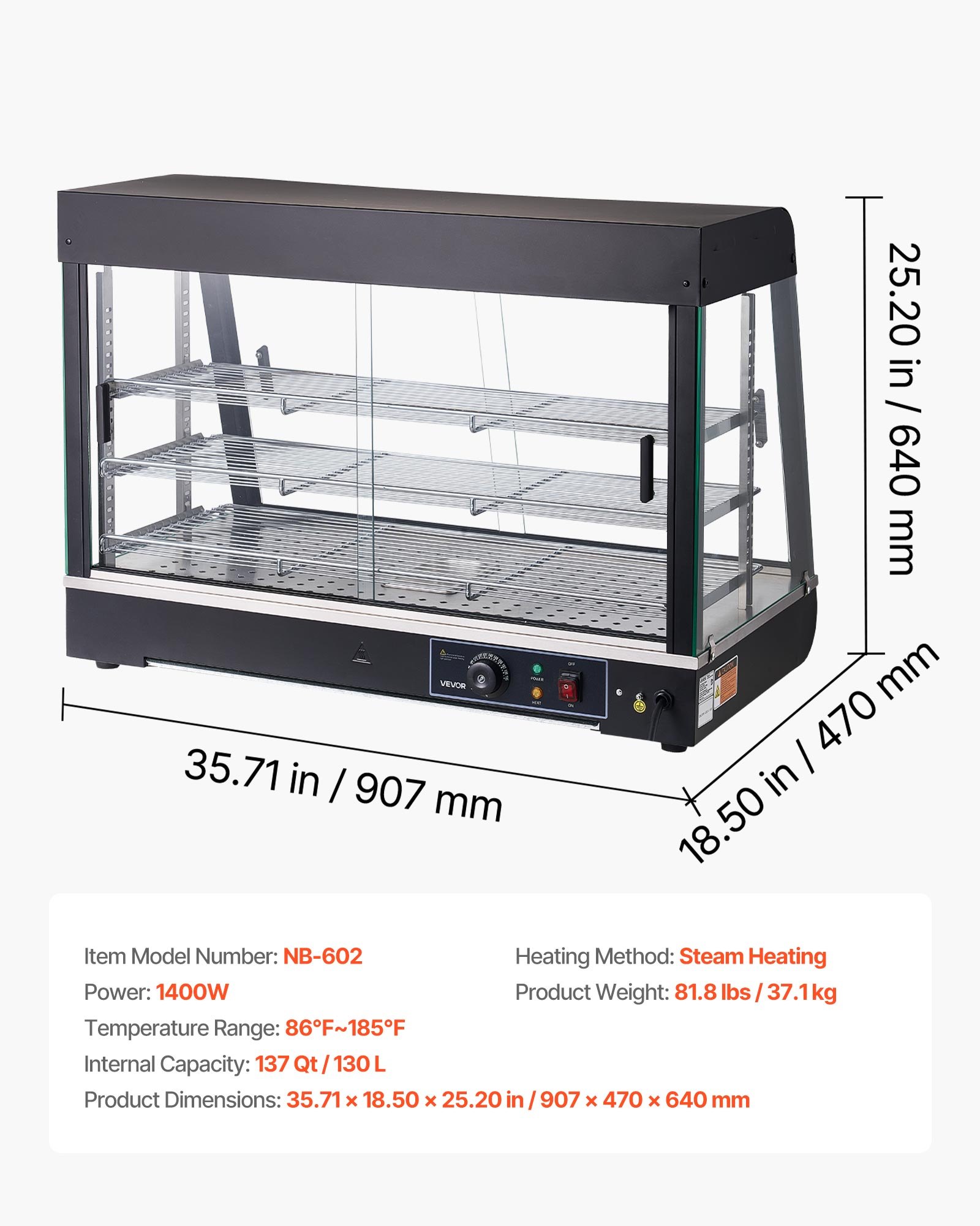 VEVOR Espositore Scaldavivande Commerciale a 3 Livelli, Espositore Scaldavivande da 1400 W con Luce LED, Vano Portaoggetti Superiore e Ripiani Regolabili, per Hamburger, Pizza, Pane, Pollo Fritto