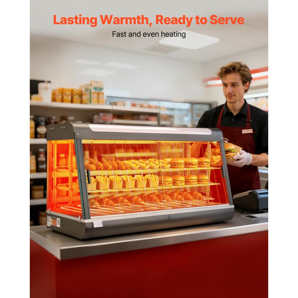 VEVOR Vetrina Calda per Alimenti Cibo a 3 Livelli, Espositore Scaldavivande da 1600 W con Luce LED, Vano Portaoggetti Superiore e Ripiani Regolabili, per Hamburger, Pizza, Pane, Pollo Fritto