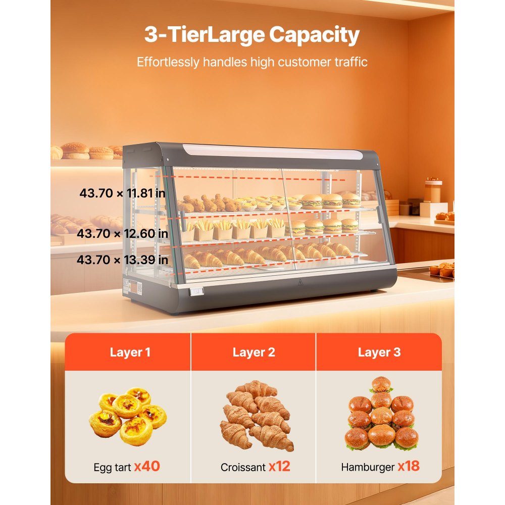 VEVOR Vetrina Calda per Alimenti Cibo a 3 Livelli, Espositore Scaldavivande da 1600 W con Luce LED, Vano Portaoggetti Superiore e Ripiani Regolabili, per Hamburger, Pizza, Pane, Pollo Fritto