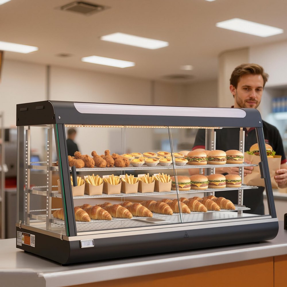 VEVOR Vetrina Calda per Alimenti Cibo a 3 Livelli, Espositore Scaldavivande da 1600 W con Luce LED, Vano Portaoggetti Superiore e Ripiani Regolabili, per Hamburger, Pizza, Pane, Pollo Fritto