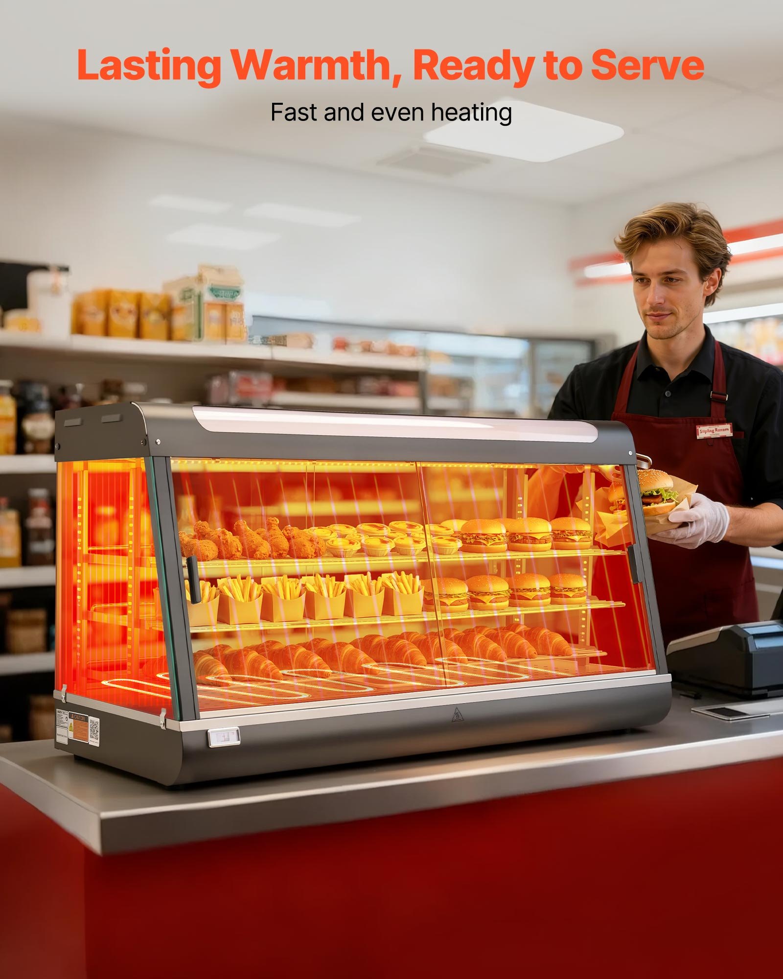 VEVOR Vetrina Calda per Alimenti Cibo a 3 Livelli, Espositore Scaldavivande da 1600 W con Luce LED, Vano Portaoggetti Superiore e Ripiani Regolabili, per Hamburger, Pizza, Pane, Pollo Fritto