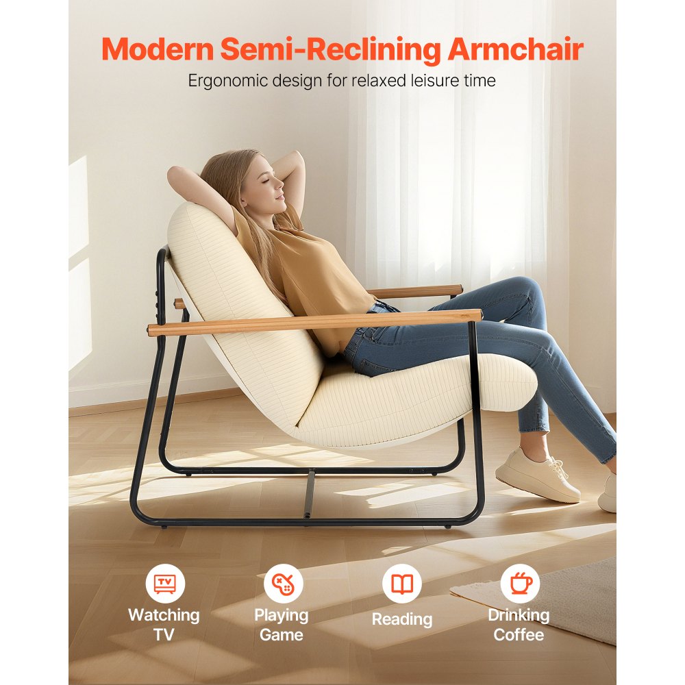 VEVOR Poltrona da Soggiorno Lounge, Sedia Imbottita con Schiuma, Struttura in Metallo e Cuscino Rimovibile, Sedia Rilassante per Soggiorno, Camera da Letto, Sala Lettura, Ufficio, Beige