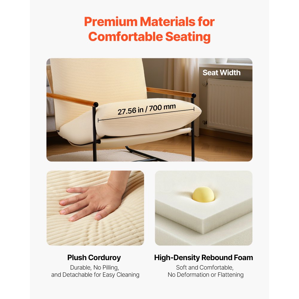 VEVOR Poltrona da Soggiorno Lounge, Sedia Imbottita con Schiuma, Struttura in Metallo e Cuscino Rimovibile, Sedia Rilassante per Soggiorno, Camera da Letto, Sala Lettura, Ufficio, Beige